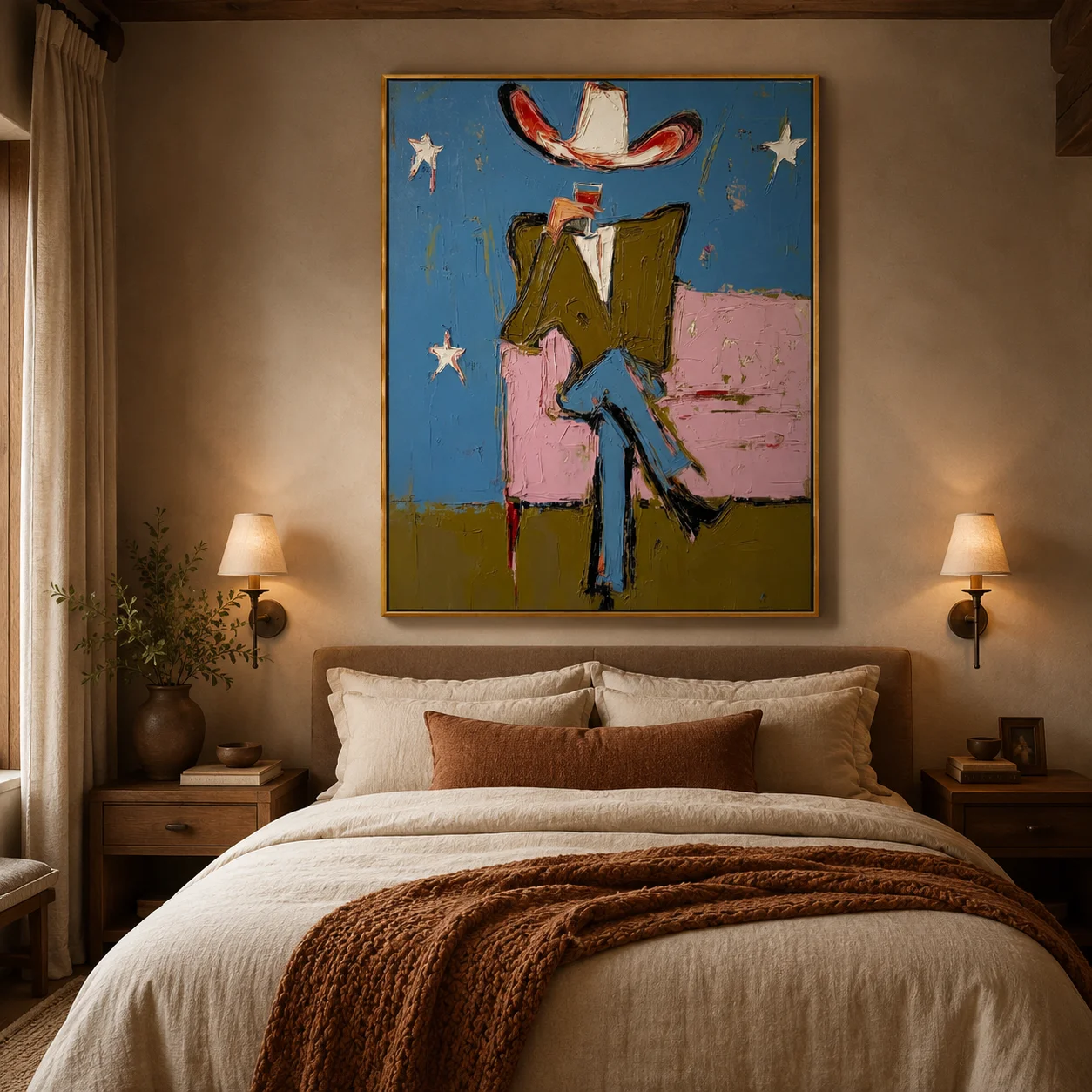 Starlit Lounge – Surrealist Cowboy on Pink Sofa Painting Canvas Wall Print， High‑Grade Home Decoration Artwork for Bedroom