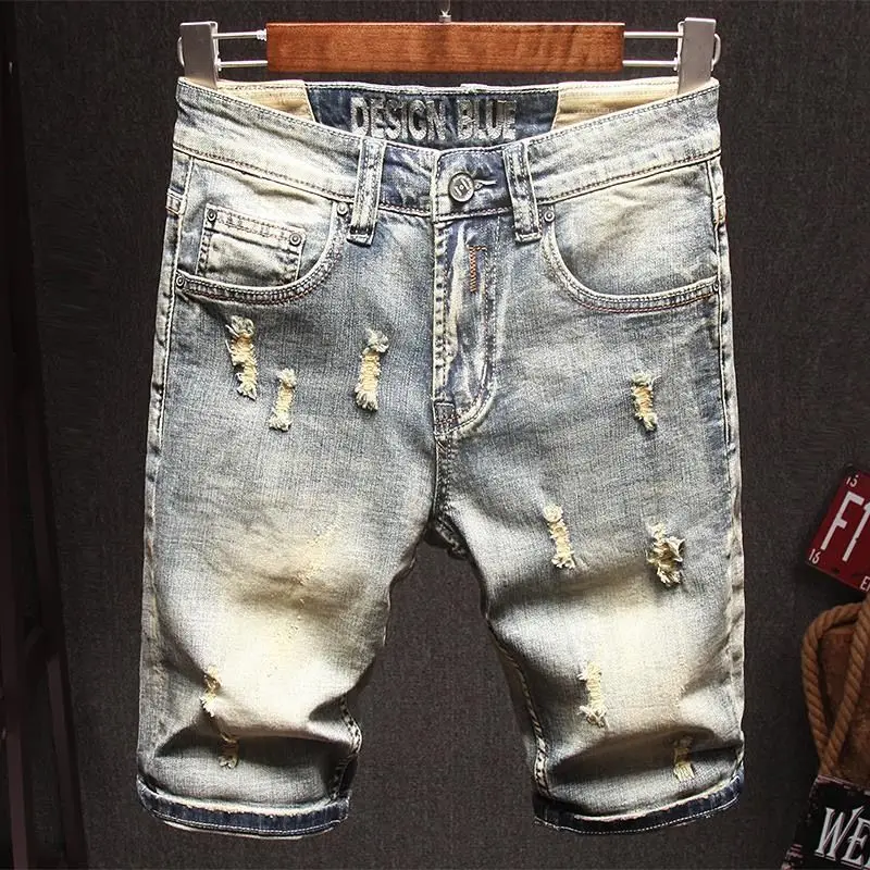 Designer Cowboy Luxury Clothing Punk Vintage Denim Knee-Length Shorts for Men Casual Summer Fashion Distressed Short Jeans Man