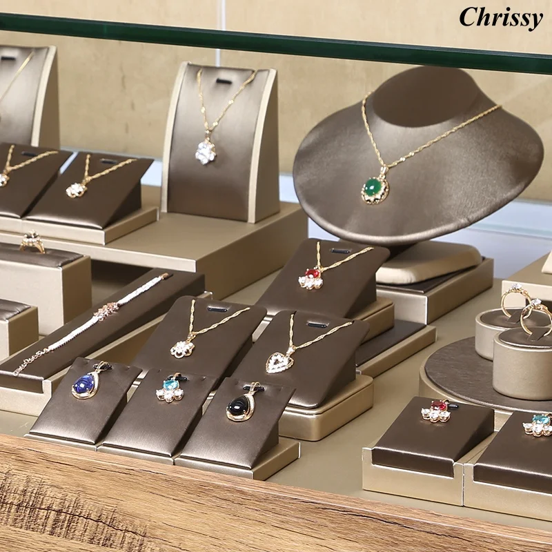 

PU Brown Ring Earrings Pendant Necklace Jewelry Display Stand Set Tray Bangle Bracelet Storage Case Holder Organizer Kit