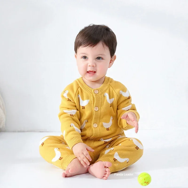 Autumn Winter Baby Clothes 2023 Baby Boy Girl Knitting Long Sleeve Rompers Infant Yellow Cartoon Jumpsuits Kids Clothing Outfits