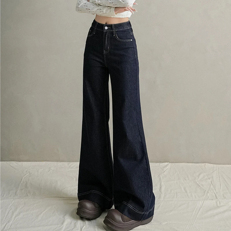 Damskie jeansy FINEWORDS z wysokim stanem, rozszerzane, szerokie nogawki, koreański styl casual, niebieskie jeansy bootcut, streetwear, Harajuku, dzwony.