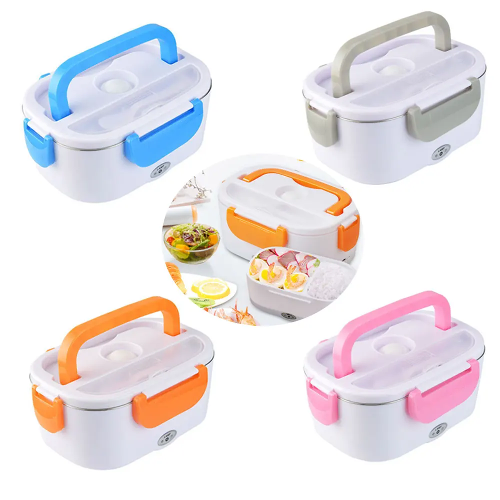 Pink/Blue/Silver gray/Orange Portable Car Electric Heating Lunch Box Stainless Steel Lunch Box 2 in 1 Home Auto Dinnerware Set