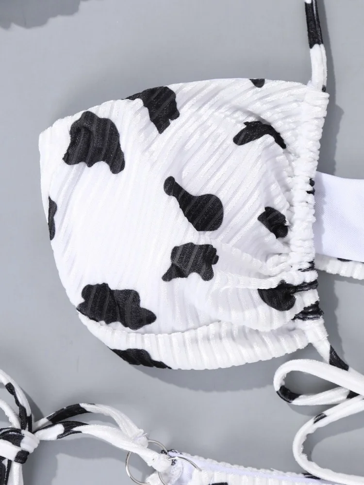 Bikini damskie Strój kąpielowy 2025 Nowy nadruk krowy mlecznej Zestaw bikini z halterem Seksowne stroje kąpielowe Letni prążkowany 2-częściowy kostium kąpielowy dla kobiet