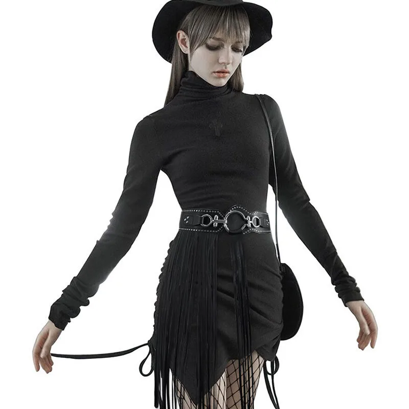 Women Punk Wide Elastic Waist Belt Tassel Fringe Skirt Belt Vintage PU Leather Waistband Belt with Buckle for Party Dance XS-XL