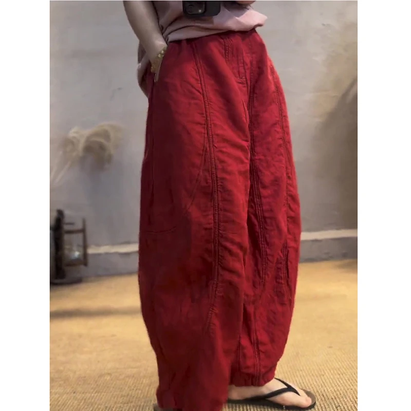 European Style New Arrival Summer Women Loose Cotton Linen Red Ankle-length Pants Casual Loose Elastic Waist Harem Pants T145
