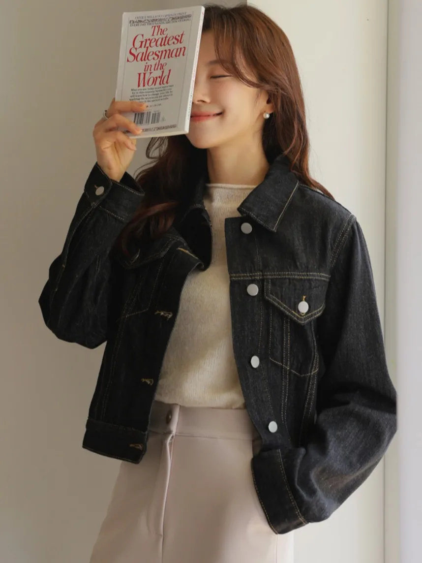 

Джинсовая куртка с завышенной талией, повседневная свободная посадка, винтажная женская верхняя одежда с отложным воротником, весна-осень, модная верхняя одежда для поездок на работу