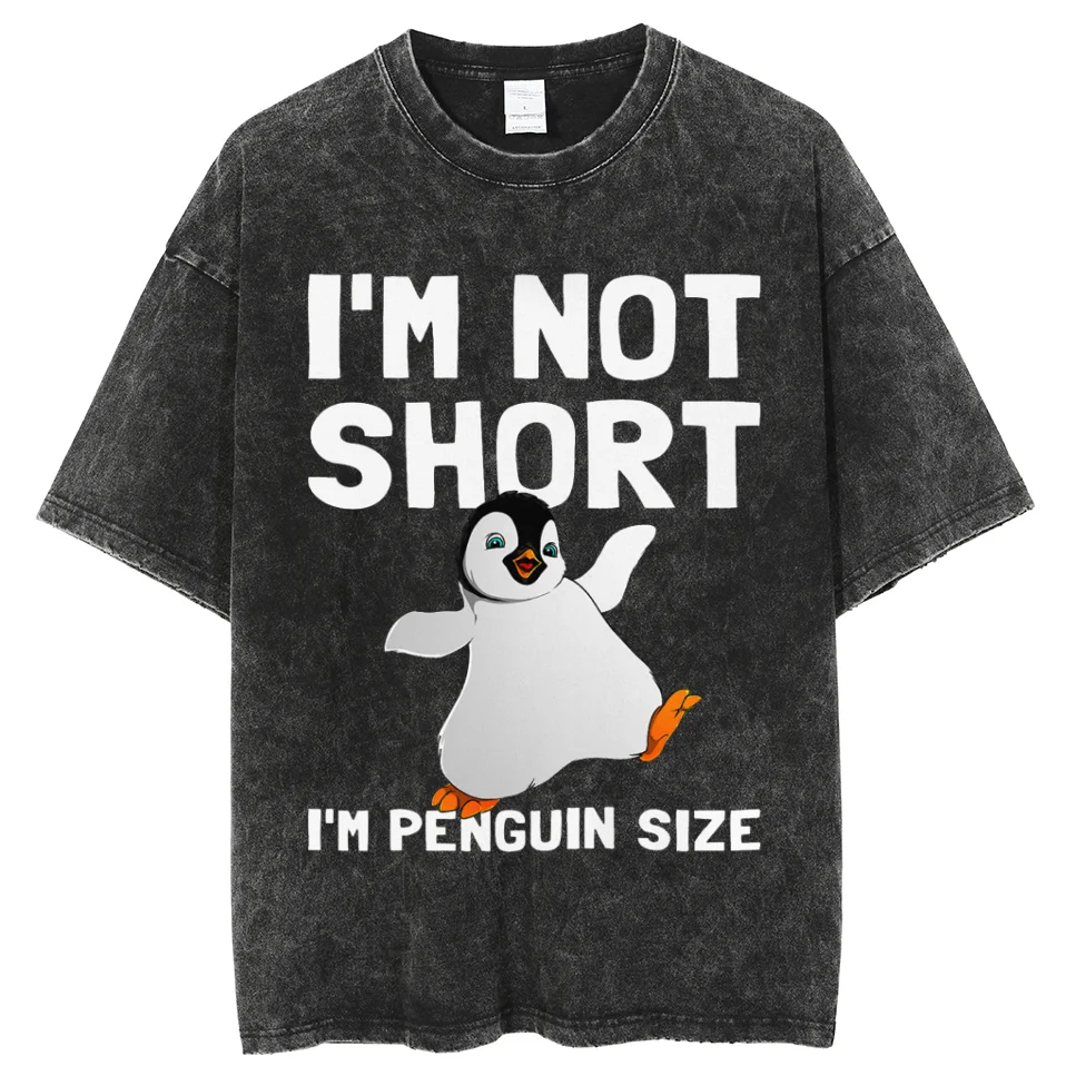 

Penguin Print Women's T-Shirt Summer Hot Selling Style Washed Denim T Shirt Unisex American Vintage Distressed Top 2024