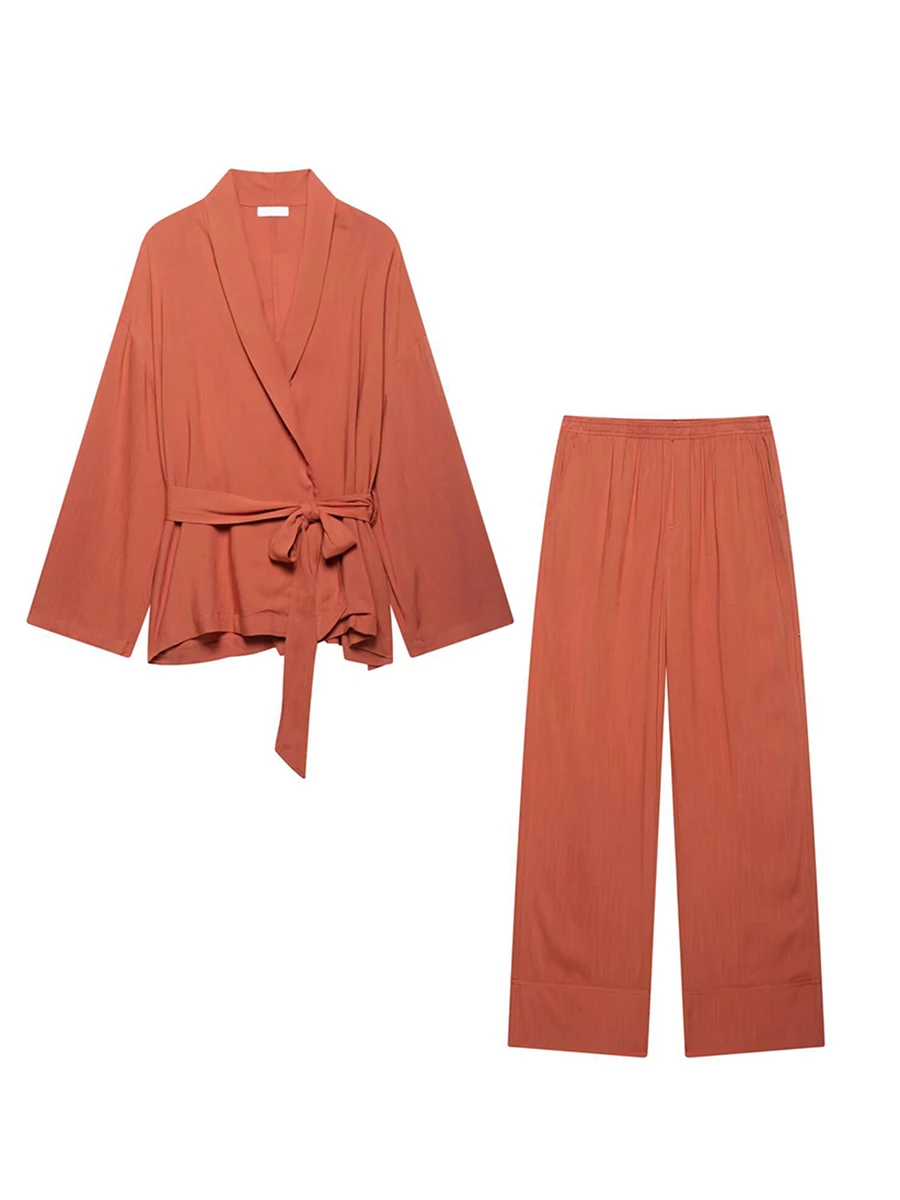 

Solid Color Simple Two-piece Set Women Summer New V Neck Long Sleeve Lace-up Kimono Tops Casual Fashion High Waist Pants Sets