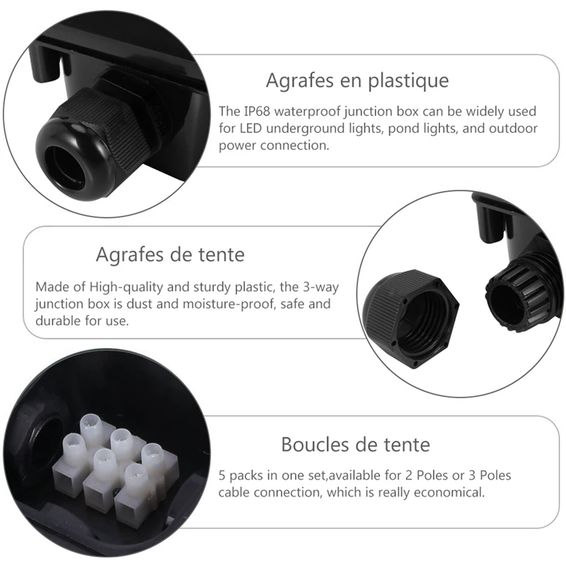 A96I-3-Way Junction Box, IP 68 Waterproof Connectors For Outdoor Lighting External Junction Box Pack Of 10 Black