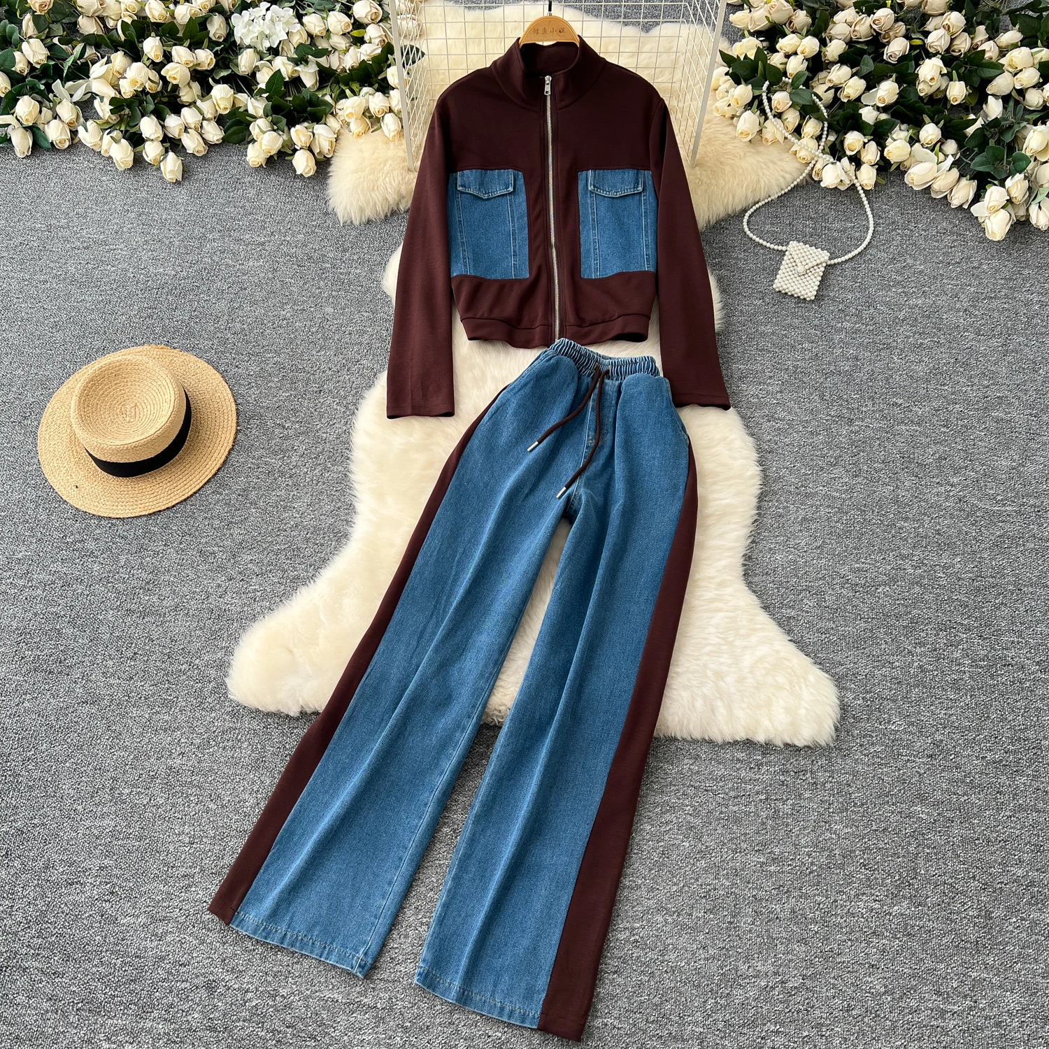 Women Leisure Sports Clothing Suits Stand Collar Zipper Long-sleeved Top Coat + Denim Splicing Pants Outfits  Sets