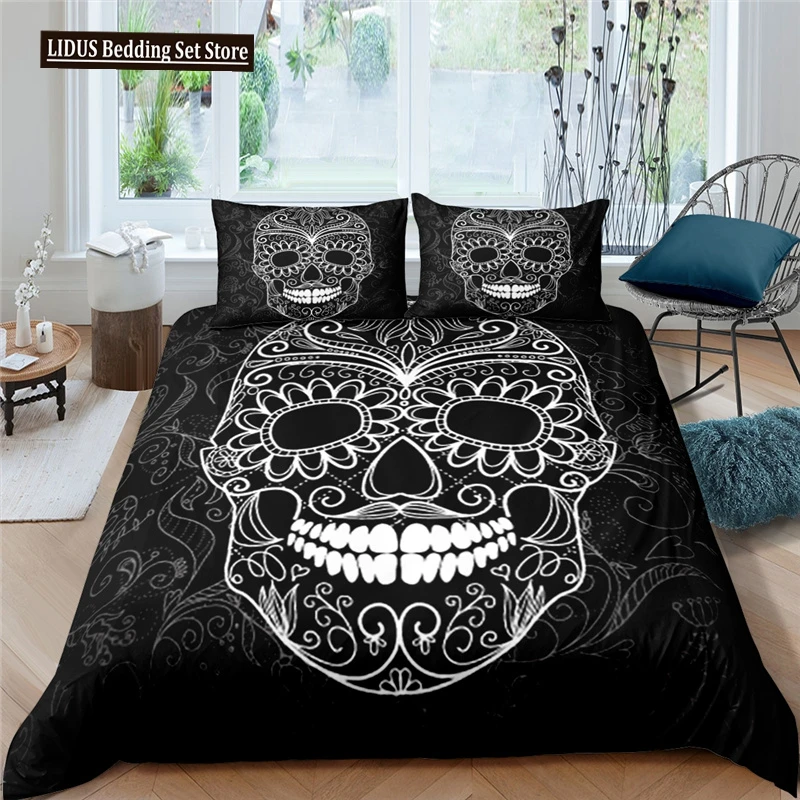 

Skull Duvet Cover Set 3D Print Luxury Skull King Queen Size Comforter Cover For Kid Boys Girl Polyester Bedding Set Terror Theme