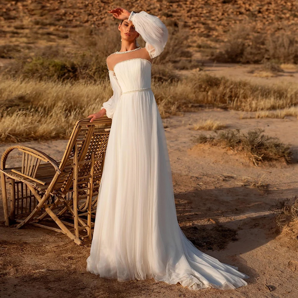

Beach Wedding Dresses Long Puff Sleeves Pearls Beading O Neck Wedding Gowns for Brides A Line Tulle Boho Bridal Dress White 2025
