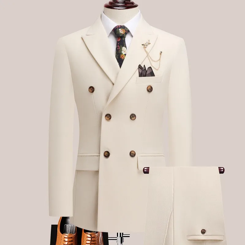 Men Suit Set Luxury Deep White Double Breasted Casual Daily Man Clothing Wedding Groom Dinner Party Wear Blazer Pant