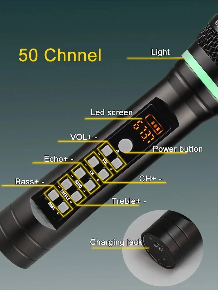 Rechargeable UHF Portable Wireless Karaoke Microphone Micro Echo Treble Bass Channel Selected with Receicer Home Microphones