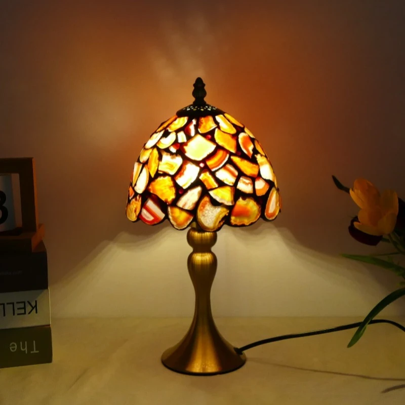 Vintage Tiffany Style Table Lamp Agate Stained Glass Dome Shade Brass Base Lights Bedroom Living Room Home Decor Bedside Fixture