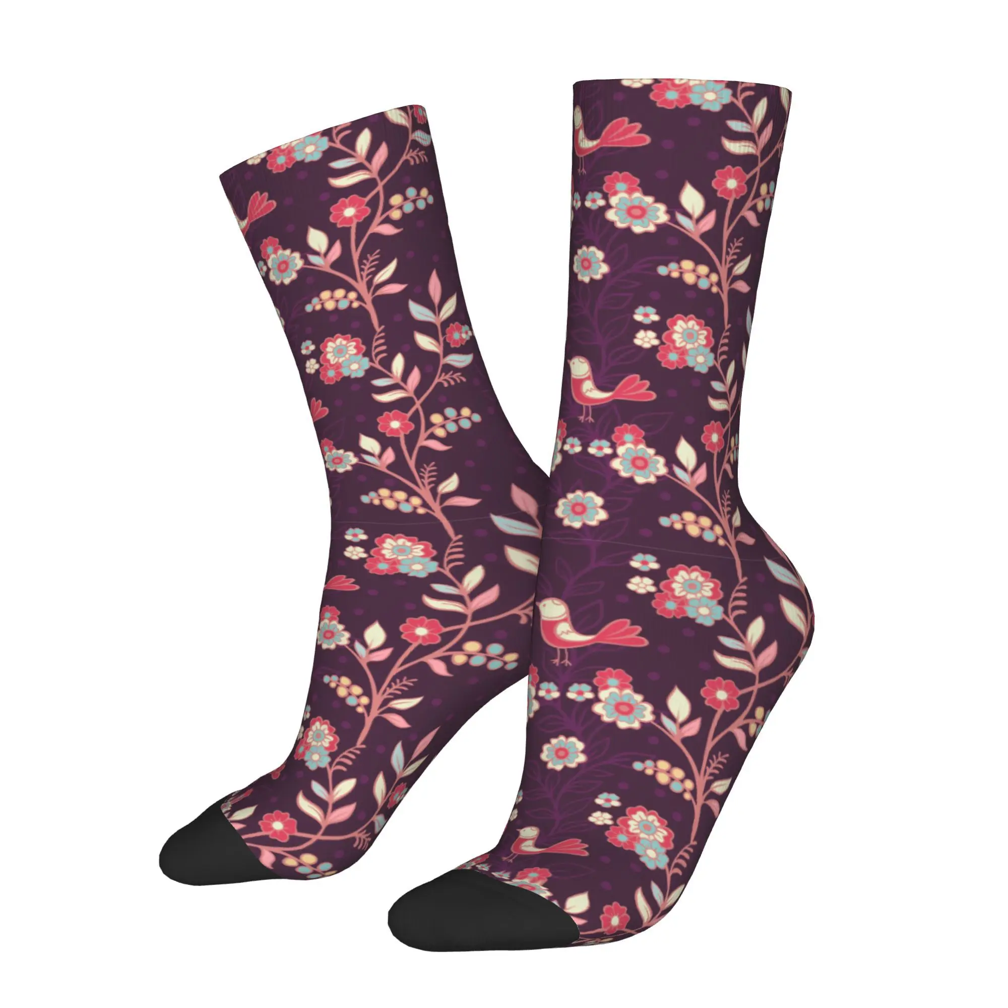 1pc Vintage Floral Pattern with Birds Printed Men's Socks  Novelty Hip Hop Harajuku Pattern Crew Sock Casual Gift