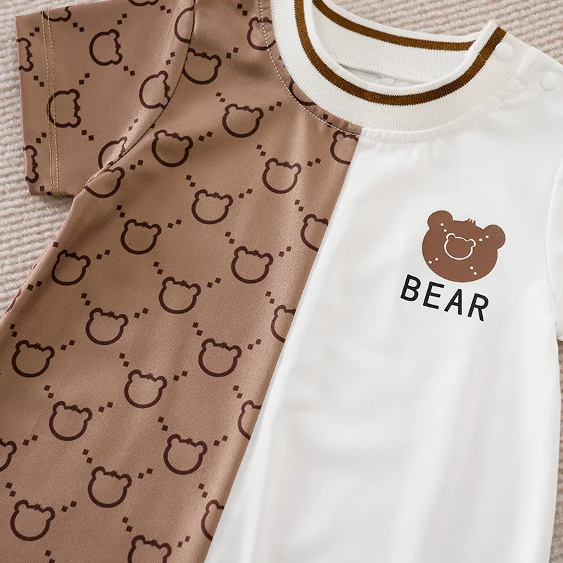 Newborn Clothes Cute Cartoon Patchwork Teddy Bear Comfortable And Soft Summer Boys And Girls 0-18 Short Sleeved Baby Jumpsuit