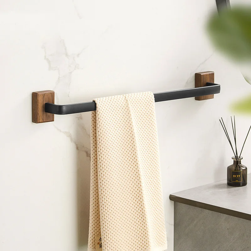 Black Walnut Wood Towel Rack Wall Mounted Retro Towel Bar Wooden Towel Holder Brass Towel Rail Brass Hooks for Bathroom Kitchen