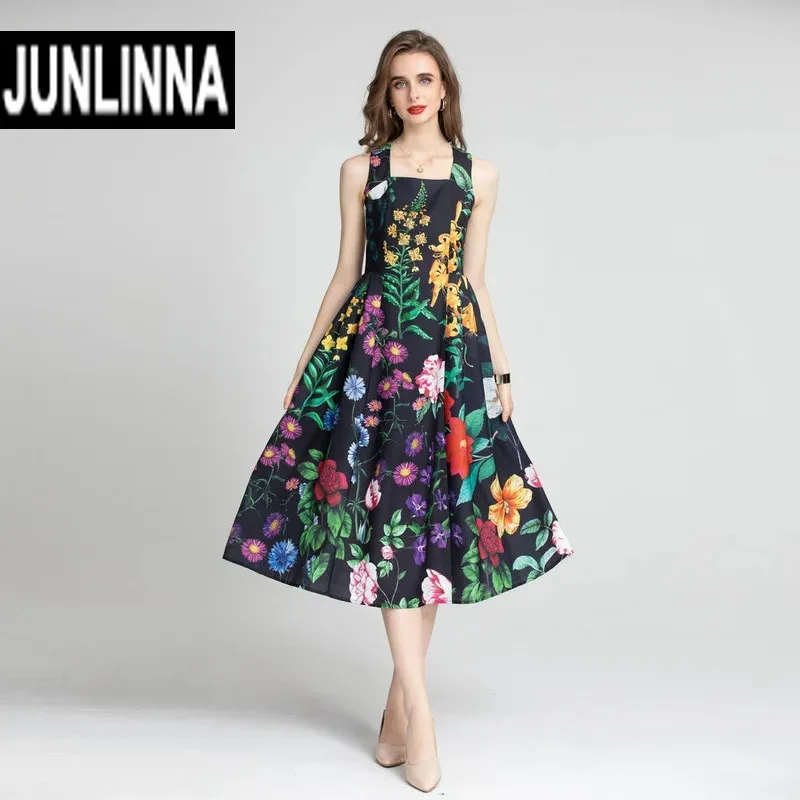 JUNLINNA Fashion Women Dress Spaghetti Strap Collar Printed Rhinestone Beading Midi Vestidos Party Holiday Dresses