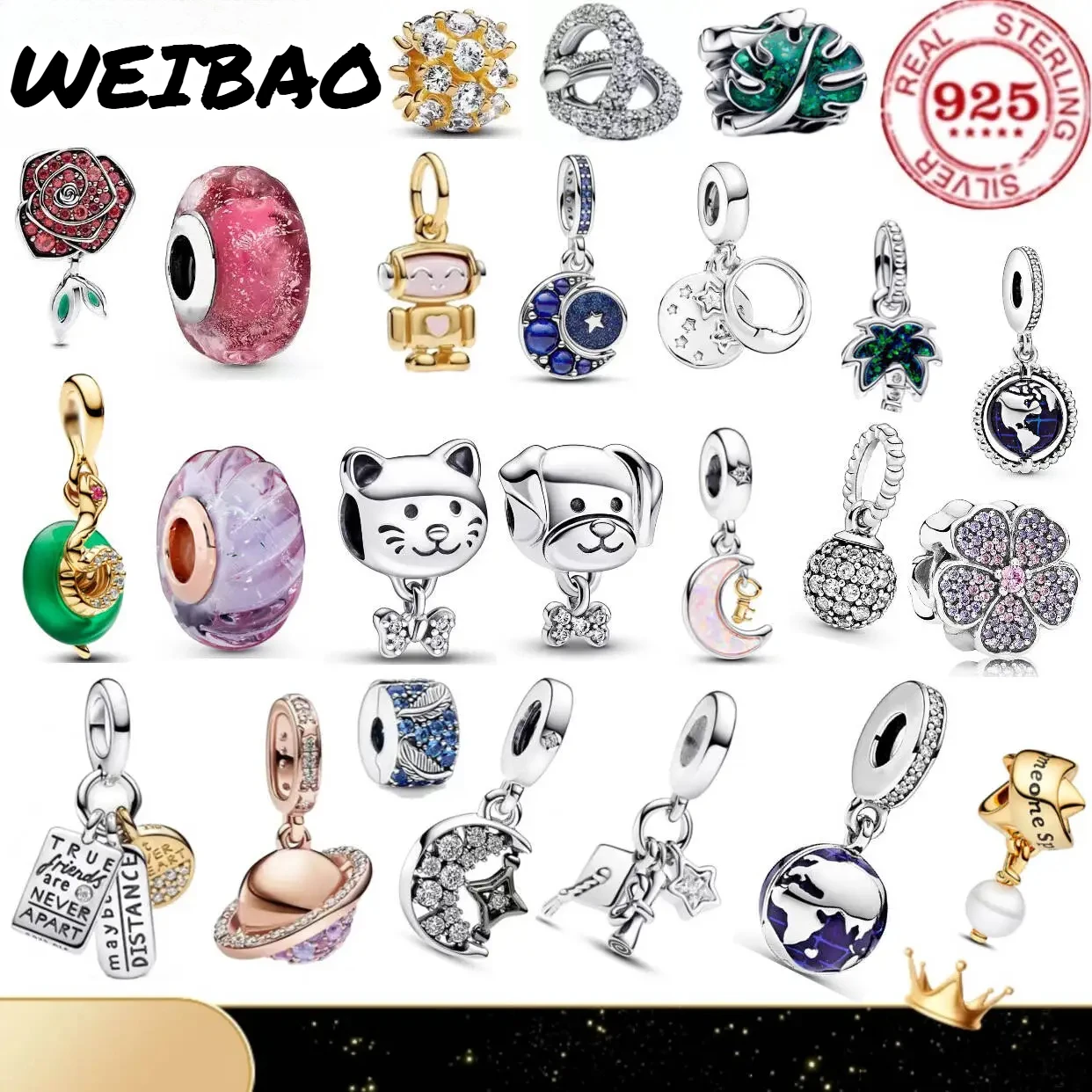 Colgante de Plata Pura 925: Exquisito Colgante de Gato y Perro con Sol, Luna y Estrella, Pulsera Original para Mujer, Joyería Elegante para Regalo DIY