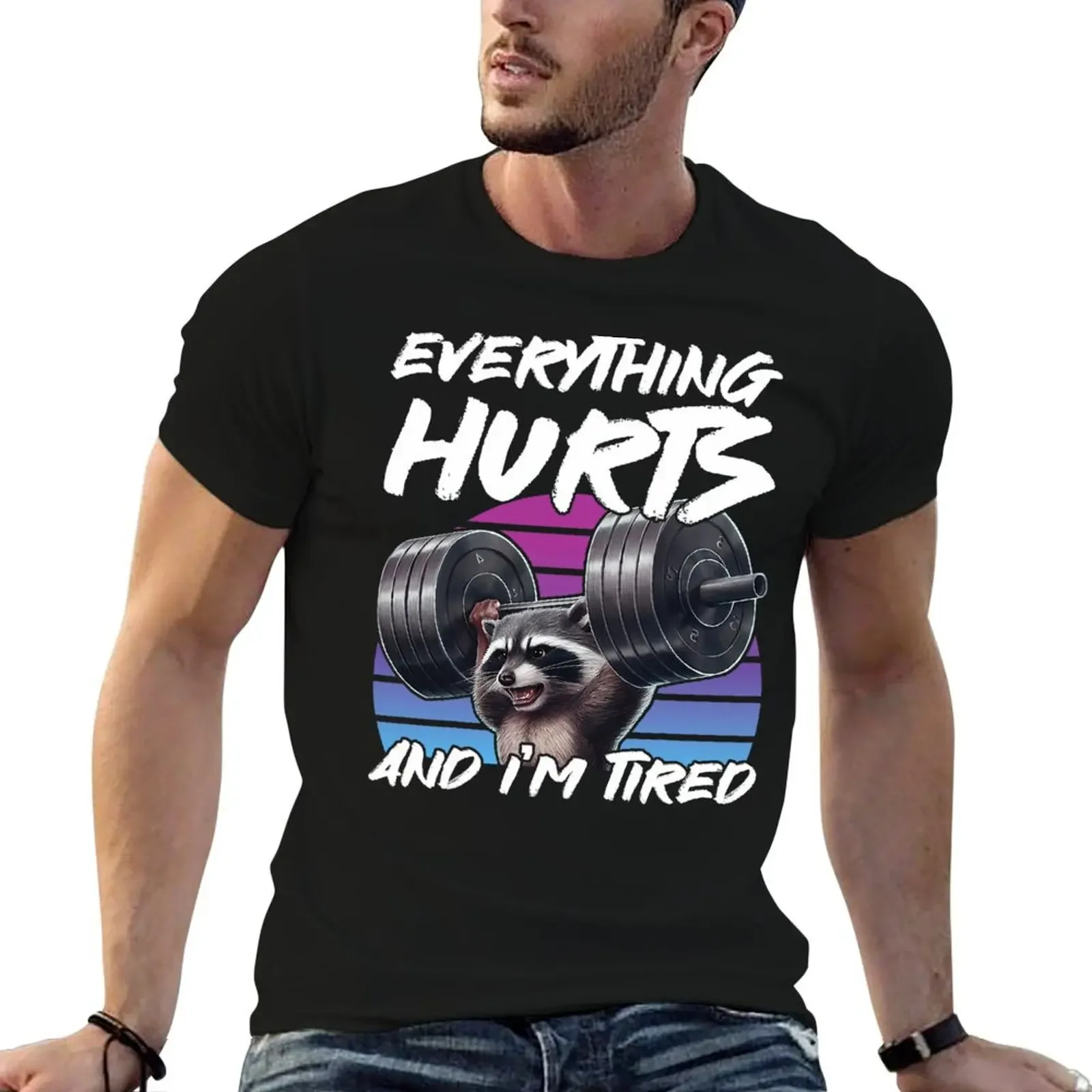

Raccoon Gym Everything Hurts And I’m Tired Funny T-Shirt anime stuff boys whites big and tall t shirts for men