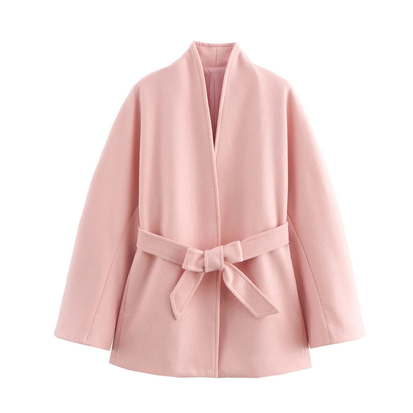 Taop&Za women's 2024 autumn and winter new coat stand collar with belt pink age reducing commuting temperament short coat