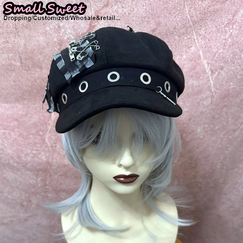 Women Y2k Girl Harajuku Gothic Grunge Punk Grid cloth pin Beret