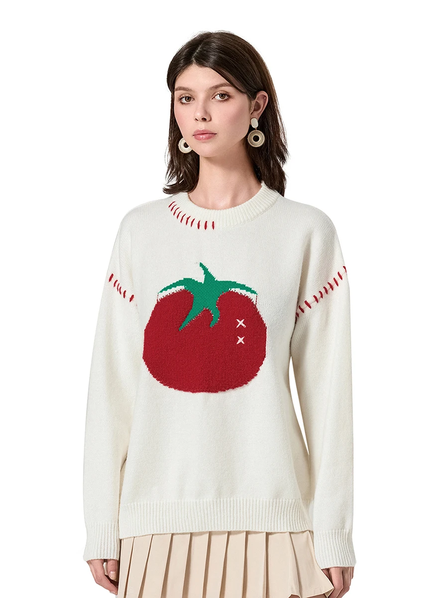 Women s Knitted Sweater Loose Tomato Embroidery Crew Neck Long Sleeve Pullover Tops for Fall Winter