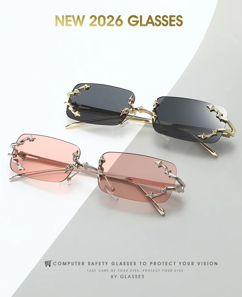 Neue Randlose Sonnenbrille für Damen Rechteckig Stylisch Y2K Persönlichkeit Markendesigner UV400 Schutz Coole Metall-Sternenexplosion-Dekoration – Detail 1