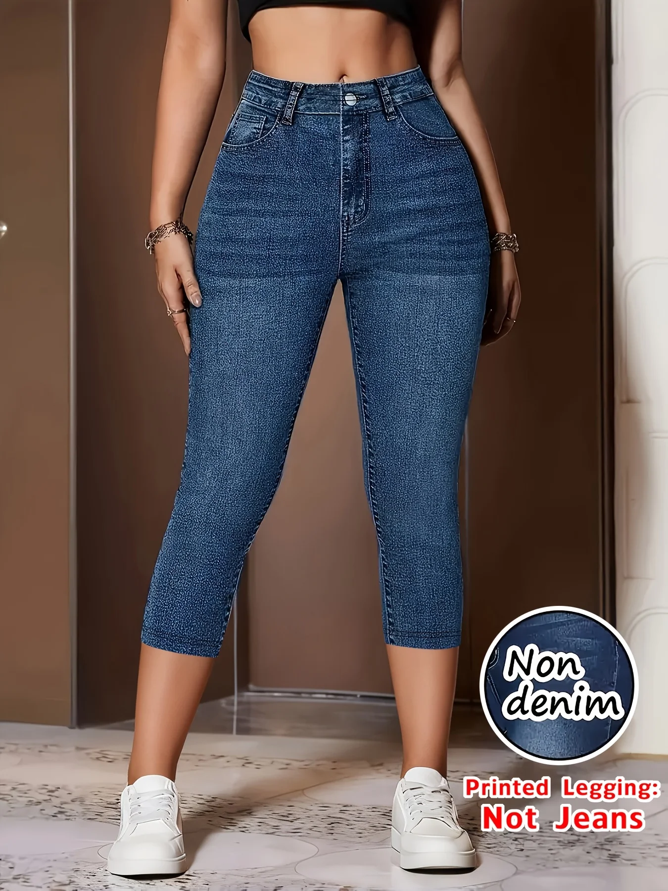 7149Women's Soft Faux Denim Print Shorts Non Hard Denim High Elastic Slim Fit Vacation Capri Pants