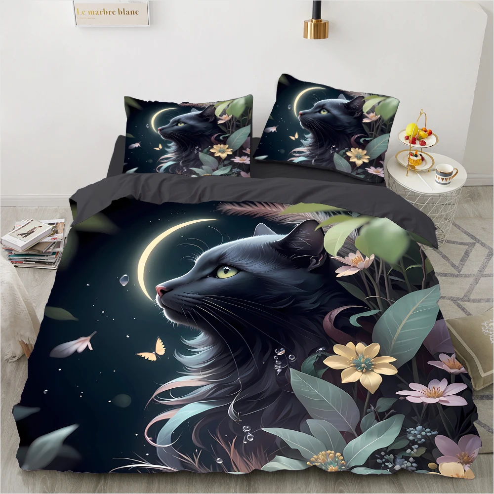 Black cat Lovers Bedding Set | 3D Printed Duvet Cover Set + Bed Linen Collection – 140x200/220x240/Queen/King Sizes Flowers Moon