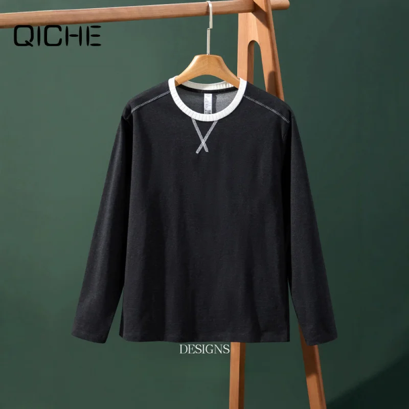 QICHE Men's Warm Winter Long-Sleeve T-Shirt with Snowflake Texture, Inverted Triangle Panels, Ribbed Double-Stitch Base Layer To