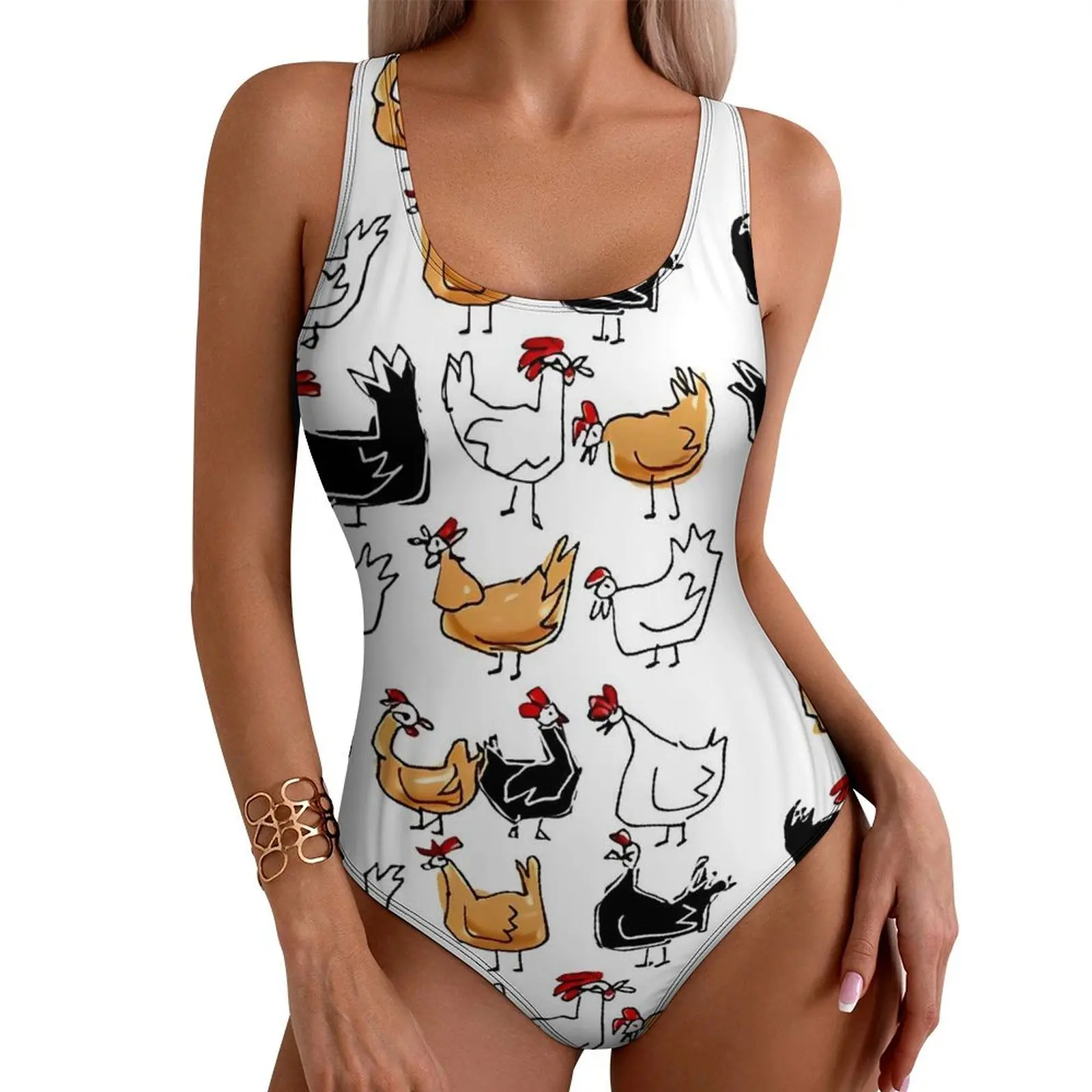 Chickens Brood Swimsuit Abstract Animal One-Piece Swimwear Push Up Trend Monokini Sexy Fitness Printed Bodysuit