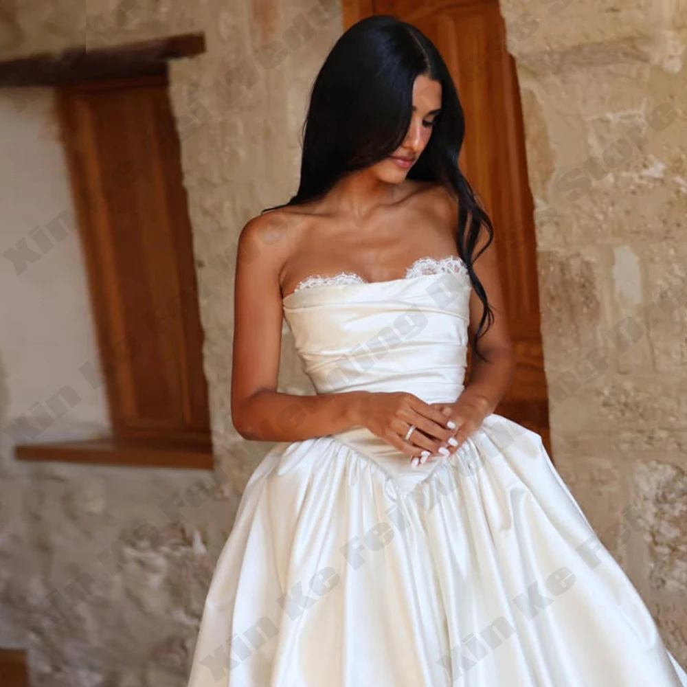 Satin Women's Ivory Bridal Gown A-Line Off Shoulder Princess Removable Sleeve Wedding  Dress Customized Bride Dress Vestido Robe