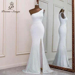 Exquisite One shoulder style white evening dress prom dresses evening gowns vestidos de fiesta robe de soirée de mariage