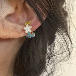 1PC Kpop Goth Y2k Aesthetic Cute Vintage Glazed Colorful Flower Ear Cuff Earcuff Fake Piercing Earring Women Jewelry Accessories
