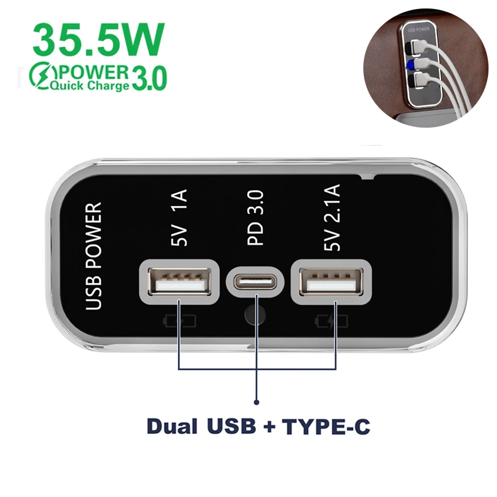 35,5W PD3.0 Gniazdo ładowarki samochodowej Podwójne gniazdo USB 3.1A Type-C Szybkie ładowanie Rozdzielacz Zasilacz do motocykli Ciężarówka ATV Łódź RV