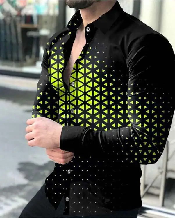 Chemise de soirée décontractée pour hommes, chemise sociale de luxe, chemise à boutons à revers, chemise à carreaux imprimée dorée, chemise à