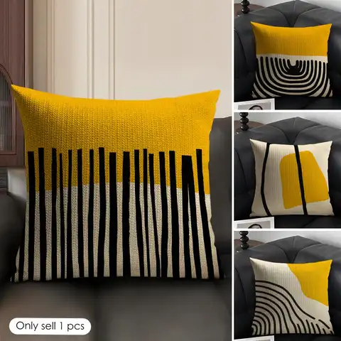 Yellow And Black Patterns Cushion Cover Natural Linen Organic Fabric Double Sided Print Sofa Pillow Case Home Decor Gift