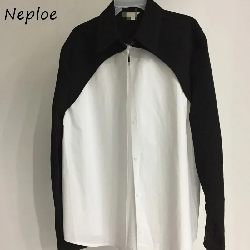 Neploe Temperament Personality Long Sleeved Shirt Woman Contrast Color Patchwork Blouse Female Versatile Single-breasted Shirts