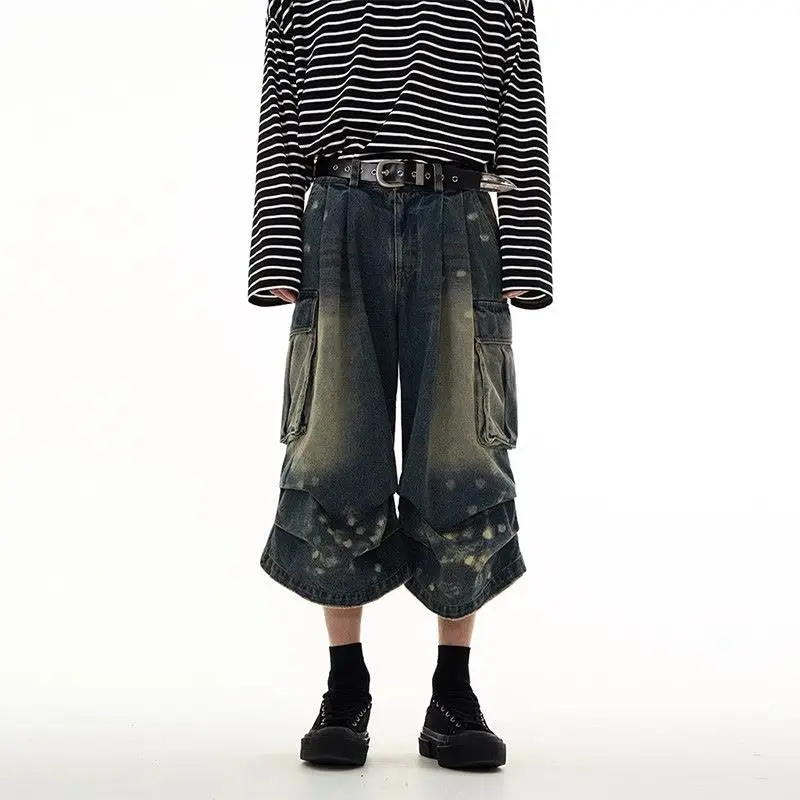 

Винтажные джинсы с высокой талией и несколькими джинсами, женские прямые джинсовые шорты в американском стиле хип-хоп Y2k, модные шорты с широкими штанинами, свободные длинные до икры