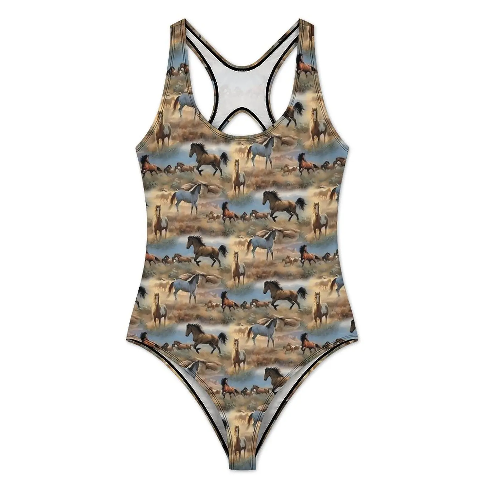 Horse Animal Print Swimsuit  Swimwear One Piece Holiday Rave Graphic Bodysuit Hollow Out Monokini Female Push Up Sexy Beach Wear