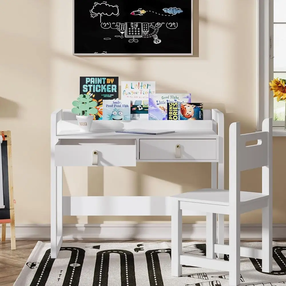 White Wooden Kids Study Desk with Drawers, Children's Writing Table Set for School and Home