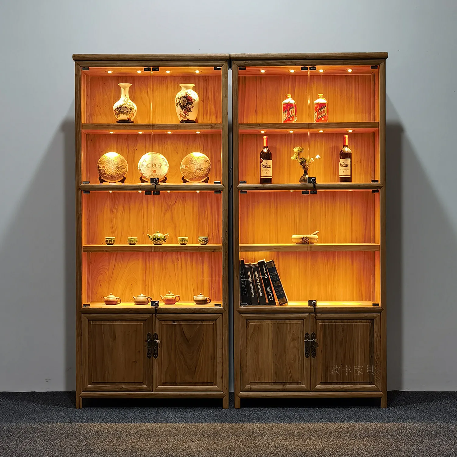 New Chinese style old elm cultural and play jewelry cabinet antique display cabinet teapot glass display cabinet solid wood tea