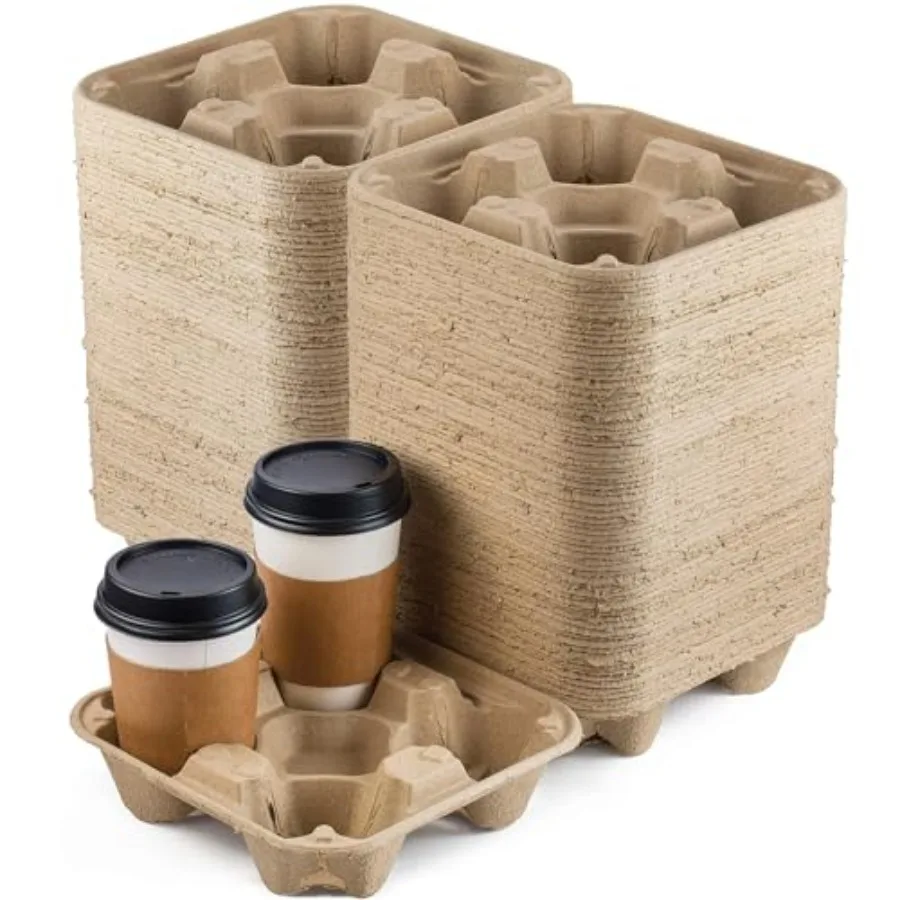 

4 Cup Disposable Drink Carrier Trays, Pack Compostable Pulp Fiber Cup Holder for 8-32 oz Cup, Durable to Go Coffee Cup Holders