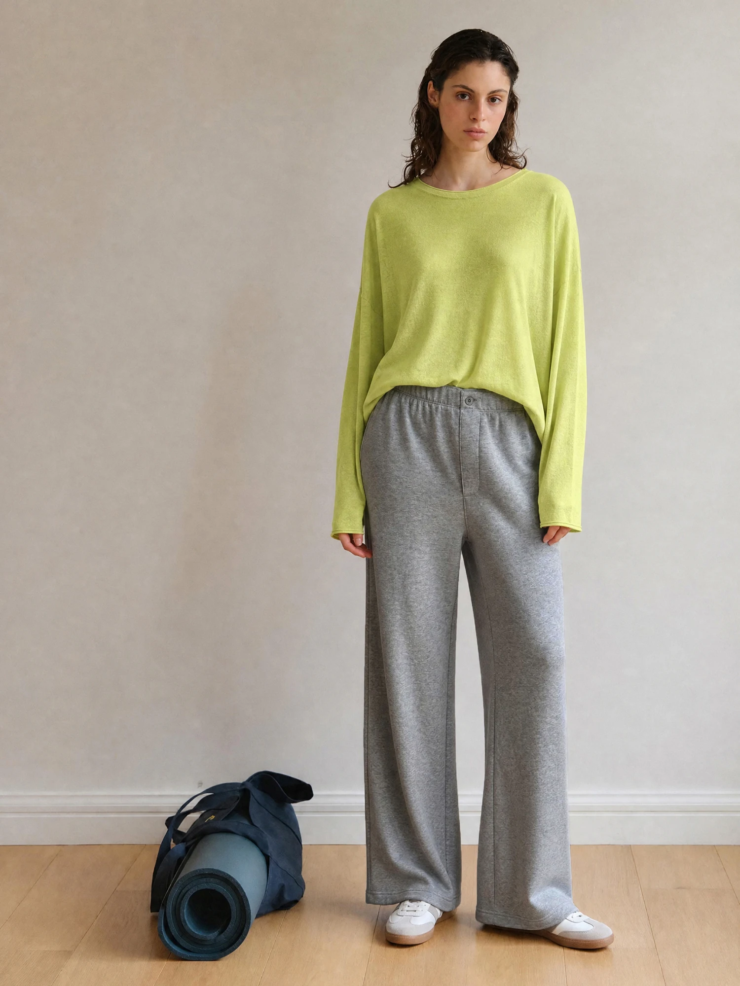 Casual Cotton Fleece Wide Leg Pants Women's Elastic Waist Drawstring Straight Leg Trousers Loose Fit Slimming Long Trousers