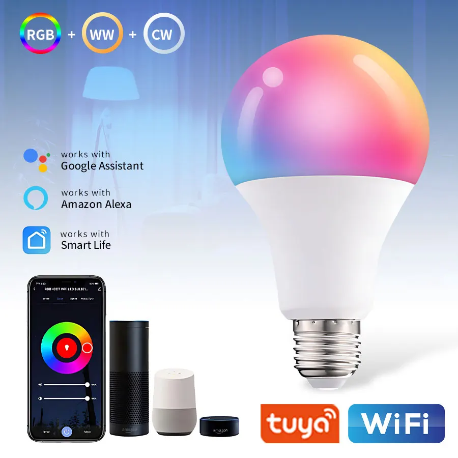 Tuya Smart WiFi LED Light Bulb E27 LED Lamp 10W RGB Dimmable Smart Bulb Smart Life APP Voice Control Alexa Google Home 220V 110V