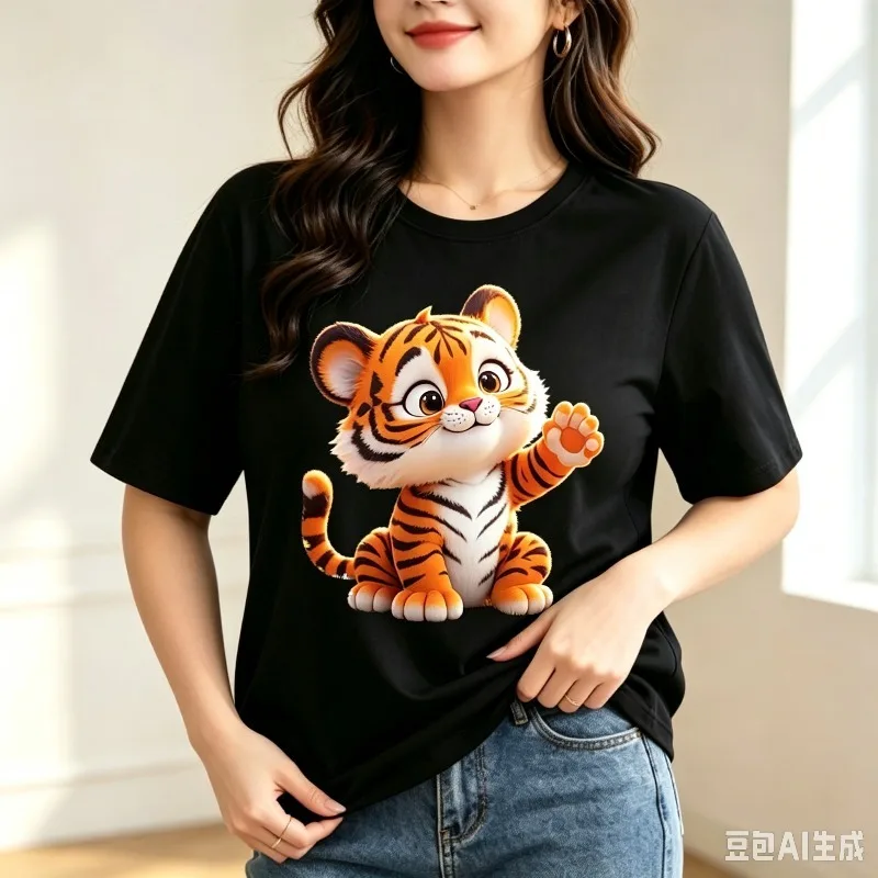Cute Waving Tiger T Shirt Women Animal Modal Tee Casual Short Sleeve Tops Funny Print Female Daily Gift for Tiger Lovers