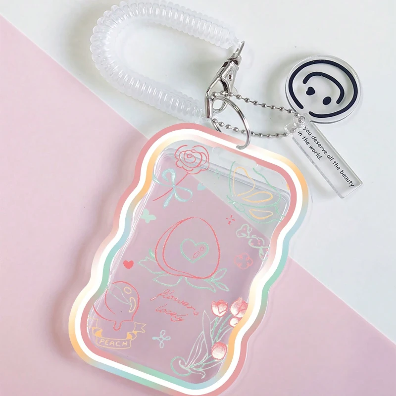 Peach Pattern Transparent Wave Card Holder Student ID Card Holder Door Card Case Kpop Photocard Holder Spring Pendant Keychain