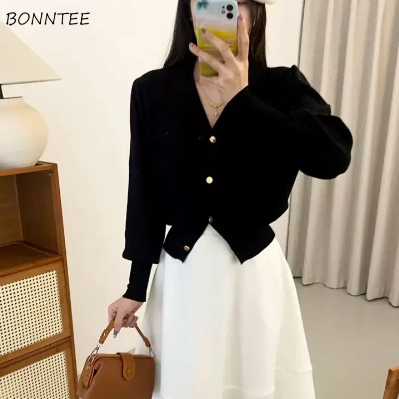 

V-neck Cardigan Women Cropped Knitted Korean Fashion Ins Defined Waist All-match Solid Stylish Harajuku Gentle Sweaters Cozy